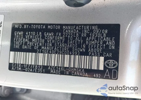 2009 Toyota Corolla Matrix Xrs из США, поврежденный, VIN 2T1GE40E29C004993